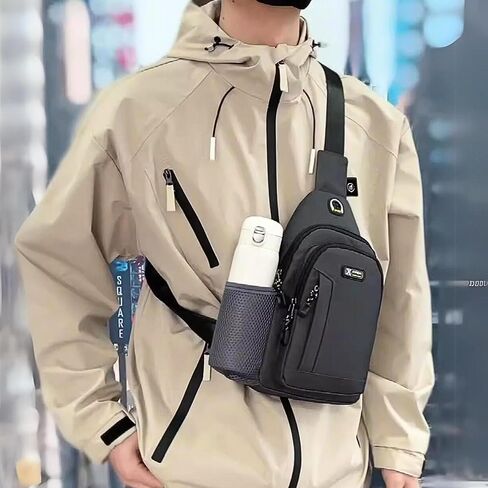 USB Port Crossbody Sling Bag with Bottle Holder & Key Ring Strap, Water Resistant Travel Anti-theft Chest Backpack in Saudi Arabia