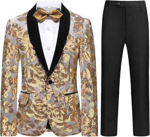Lamgool Boys Tuxedo Suit Slim Fit Formal Set 2 Pieces with Floral Jacquard Sequin Blazer Black Pants for Kids Prom Wedding in Kuwait