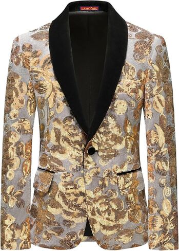 Lamgool Boys Tuxedo Suit Slim Fit Formal Set 2 Pieces with Floral Jacquard Sequin Blazer Black Pants for Kids Prom Wedding in Kuwait