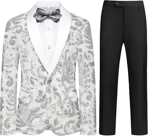 Lamgool Boys Tuxedo Suit Slim Fit Formal Set 2 Pieces with Floral Jacquard Sequin Blazer Black Pants for Kids Prom Wedding in Kuwait
