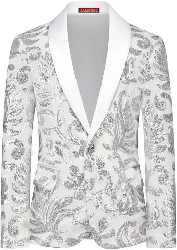 Lamgool Boys Tuxedo Suit Slim Fit Formal Set 2 Pieces with Floral Jacquard Sequin Blazer Black Pants for Kids Prom Wedding in Kuwait