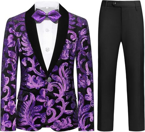Lamgool Boys Tuxedo Suit Slim Fit Formal Set 2 Pieces with Floral Jacquard Sequin Blazer Black Pants for Kids Prom Wedding in Kuwait
