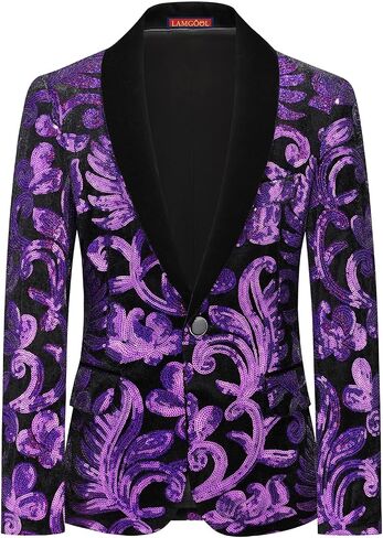 Lamgool Boys Tuxedo Suit Slim Fit Formal Set 2 Pieces with Floral Jacquard Sequin Blazer Black Pants for Kids Prom Wedding in Kuwait