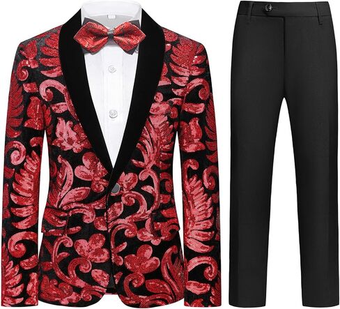 Lamgool Boys Tuxedo Suit Slim Fit Formal Set 2 Pieces with Floral Jacquard Sequin Blazer Black Pants for Kids Prom Wedding in Kuwait