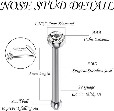 Cute Nose Rings for Women, Surgical Stainless Steel Nose Studs Women Men 20g Small Nose Rings Bone Studs, Hypoallergenic Real Nose Piercings Body Jewelry Bulk Unique Tiny in Saudi Arabia