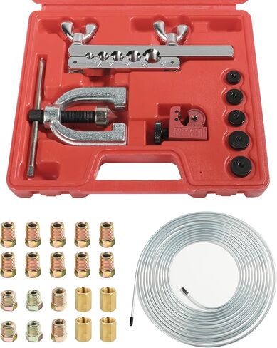 YAKEFLY 25 ft 3/16 Copper Coated Brake Line Kit with 16 Fittings and 4 Unions Brake Line Fittings,Brake Line Double & Single Flaring Tool Kit,Fits for Most Hydraulic Braking Systems (Silver) in Kuwait