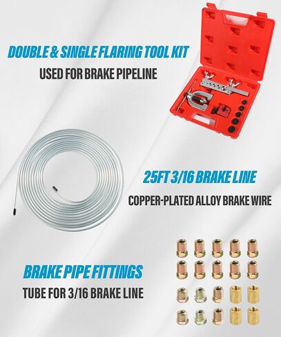 YAKEFLY 25 ft 3/16 Copper Coated Brake Line Kit with 16 Fittings and 4 Unions Brake Line Fittings,Brake Line Double & Single Flaring Tool Kit,Fits for Most Hydraulic Braking Systems (Silver) in Kuwait