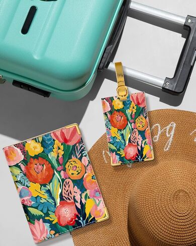 Slohif Passport Holder Lugguage Tag Set Suitcase Cover Wallet Case for Travel Women - Leather Passport Book Personalized Organizer Card Protector Sleeve Essentials Slim Carrier Flower in Saudi Arabia