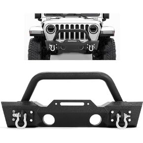 ECOTRIC Stubby Front Bumper Compatible With 2007-2024 Jeep Wrangler JK JL Gladiator JT W/Fog Light Housing & D-rings Steel Powder Coated Black