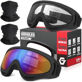OXG 2 Pack Motorcycle Goggles with 2 Neck Gaiters, UV400 Protection Dirt Bike Goggles Dust-proof Motocross ATV Skiing Goggles