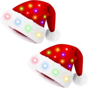 Giggling Getup 2 قطعة قبعات سانتا عيد الميلاد المضيئة مع بوم بوم، قبعات قزم عيد الميلاد القطيفة مع أضواء مقاس واحد يناسب الجميع للبالغين والأطفال هدايا حفلات عيد الميلاد