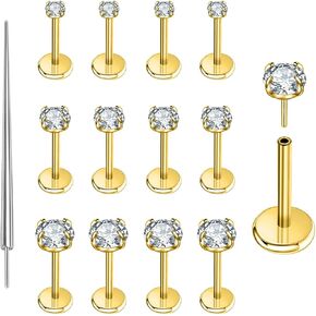 PunkTracker 13Pcs 20G/18G/16G Flat Back Earrings Stud 316L Surgical Stainless Steel Threadless Push in Nose Stud Tragus Helix Lip Medusa Piercing Jewelry