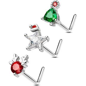 OUFER 3Pcs Nose Ring Stud, Shining Christmas 20G Nose Studs L shaped Cute Deer Star Tree Silver Stainless Steel Nose Rings Studs Nose Piercing Jewelry for Women Men-7MM