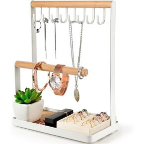 PAMANO Jewelry Stand Organizer with Velvet Ring Holder, 3-Tier Necklace Hanging Wooden Ring Storage Earring Tray, 8 Hooks Bracelets,Rings & Watches Display On Desk Tabletop - White