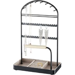 Multi-Functional Jewelry Holder Organizer Necklace Display Stand Velvet Lined Bar for Rings 2 Tier with 18 Hooks, 32 Earring Holes - Sturdy and Durable, Easy Organization White & Gold