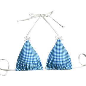 WDIRARA Women's Plaid Print Halter Neck Tie Back Bikini Tops Backless Triangle Swimwear Top
