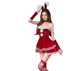 Evankin Christmas Pajamas Sets Women's Sexy Teddy Babydolls Dress Lingerie Set Lace Skirt Red Velvet 6-piece Christmas Sets