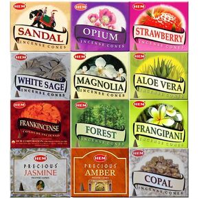 HEM 12 Assorted Boxes of HEM Incense Cones | Natural Fragrance For Aromatic Rooms | Meditation and Odor Remover, Air Purifier