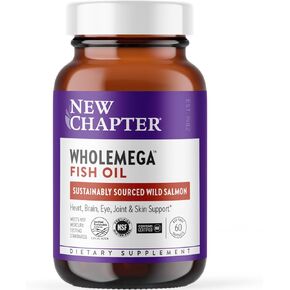 New Chapter Wholemega Fish Oil Supplement - Wild Alaskan Salmon Oil with Omega-3 + Vitamin D3 + Astaxanthin + Sustainably Caught - 180 ct, 1000mg Softgels