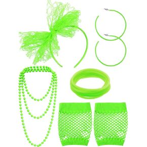 Blulu 80s Fancy Dress Costume Accessories Lace Headband Earrings Fishnet Gloves Necklace Bracelet for 80s Retro Party