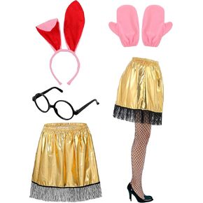 5 Pcs Christmas Movie Bunny and Lamp Costume Accessories, Bunny Headband Lamp Skirts Gloves Glasses with Fishnet Stockings for Women Men Christmas Cosplay Party