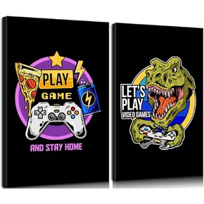 Framed Gaming Wall Art for Teen Boys Room Gamer Posters Decor for Bedroom Video Game Black Posters Dinosaur game Handle Picture Prints Gamer Gifts - 12x16in