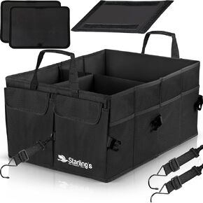 Extra Large Car Trunk Organizer for SUV, Truck, Van, Sedan, Jeep - Box Trunk Organizer for Car with 7 Compartments W Straps, XL Premium Black Oxford Cargo Storage, Adjustable Collapsible and Portable