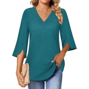 بلوزات نسائية بأكمام 3/4 ذات ثنيات ورقبة على شكل حرف V بلوزات Chffion غير رسمية للعمل المكتبي قمصان فضفاضة مناسبة للعمل