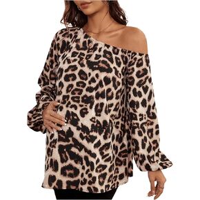 MakeMeChic Women's Maternity Leopard Print Lantern Sleeve One Shoulder Blouses Pregnancy Tops Shirts