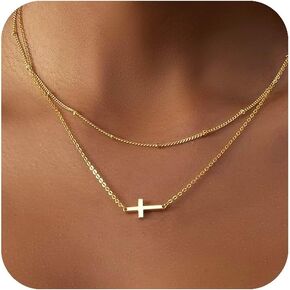 Cross Necklace for Women, 14K Gold Plated Layered Dainty Small Pendant Choker Cross Necklace, Trendy Simple Cute Charm Chain Cross Necklaces for Women Faith Jewelry Religious Minimalist Gift