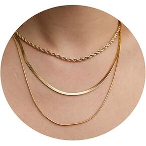 Tasiso Herringbone Choker Necklace Set Double Layer Snake Chain Herringbone Chain Necklace Layering Necklace Set Cuban Chain Necklace for Women