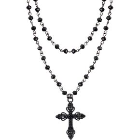 Sacina Gothic Layered Cross Necklace, Zinc Alloy Black Bead Cross Choker Necklace, Halloween Goth Jewelry Gift for Women (Layered Bead Cross)