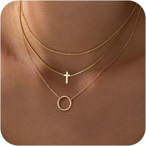 ASCOMY Layered Necklaces for Women Gold Necklace 14K Gold/Silver Plated Pendant Necklace Layered Cross Necklace Paperclip Rope Bead Box Satellite Dot Chain Necklaces Gold Choker Trendy Jewelry Gift