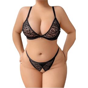 SOLY HUX Women's Plus Size Lingerie Set Lace Sheer Deep V Neck Bra and Panty Sexy Underwear