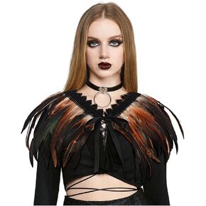 L'VOW Women's Real Nature Feather Shrug Cape Lace Shawl Collar Witch Cosplay Costumes for Halloween Carnival