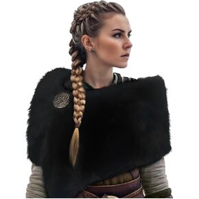 L'VOW Women Viking Faux Fur Shawl and Wrap Fur Stole with Medieval Brooch Fur Collar for LARP GoT Warrior Costume Accessories