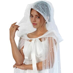 Chapel Length Hooded Pearls Tulle Cloak Renaissance Fairy CostumeBridal Robe White Cape Witch Princess Cosplay for Women