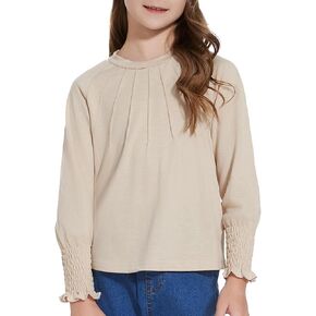 Girls Long Sleeve Shirts School Casual Tops Pleated Trim Crewneck Soft Dressy Basic T-Shirt Blouses 4-12 Years