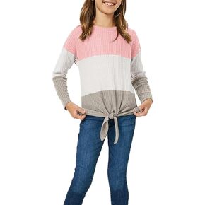 Girls Waffle Colorblock Tie Top Long Sleeve Casua T Shirt Knit Tunic