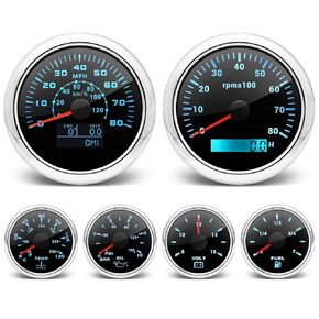 ARTILAURA 6 Gauge Set-GPS Speedometer, Tachometer, Oil Pressure Gauge, Fuel Gauge, Water Temperature, Voltmeter 7 Color Boat Gauges Set Marine AUTO Gauge Kit (Black Silver)