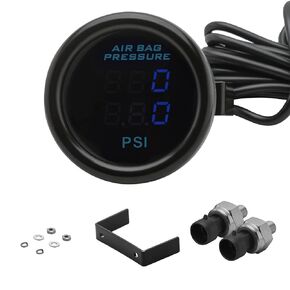 Dual Display Air Suspension Gauge Air Ride Air Pressure Gauge 2Inch 0-220PSI with 2Pcs 1/8NPT Sensors and 16.5ft Sensor Cable LCD Red