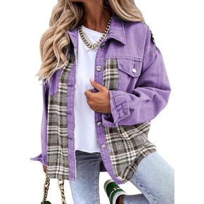 SHEWIN Women's Oversized Denim Jacket Casual Long Sleeve Button Down Plaid Shacket Boyfriend Jean Jacket With Pockets