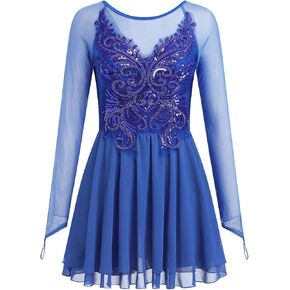 AFAVOM Women's Figure Ice Skating Dress Shiny Rhinestones Ballet Dance Dress Long Sleeve Competition Lyrical Chiffon Dress