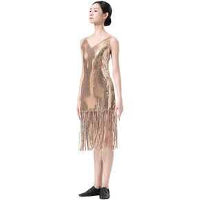 Enchanta Lesla Dance Dress. Long Womens Jazz Dresses with Sequin Fringe and Halter. Party Dance Costume Wear