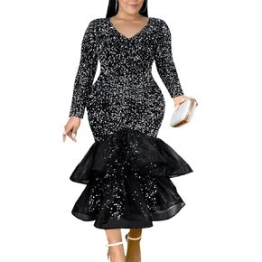 ONTINVA Women Plus Size Sequin Long Sleeves Evening Gown Party Long Maxi Dress Black Glitter Mesh Ruffled Mermaid