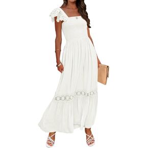 ZESICA Women's Summer Lace Strap Sleeveless Square Neck Smocked High Waist Ruffle Hollow Out Flowy A Line Maxi Dress