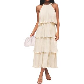 ZESICA Women's Summer Sleeveless Halter Neck Ruffle Tiered Layed Chiffon Flowy Swing Long Midi Dress