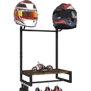 Artibear Wall Mount Motorcycle Helmet Holder with 6 Glove Clips & 8 S-Hooks, 3-Tier Exhibition Type Helmet Rack Stand for Motorcycle Accessories Storage and Moto Riding Gear, Black