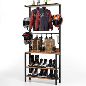Motorcycle Helmet Holder Floor Mounted Stand, Helmet Holder Wall Mount with Helmet Rack, 4 Glove Chips and 4 hooks, Rustic Helmet Holder and Motorcycle Helmet Rack for Most of Helmet