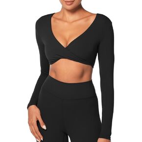 Sunzel Women's Long Sleeve Crop Top Buttery Soft Deep V Twist Workout Tee with Compression for Yoga Pilates Gym